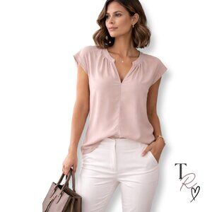 Philosophy Cap Sleeve Blouse Pleated Split Neck Blush Pink Size Small
